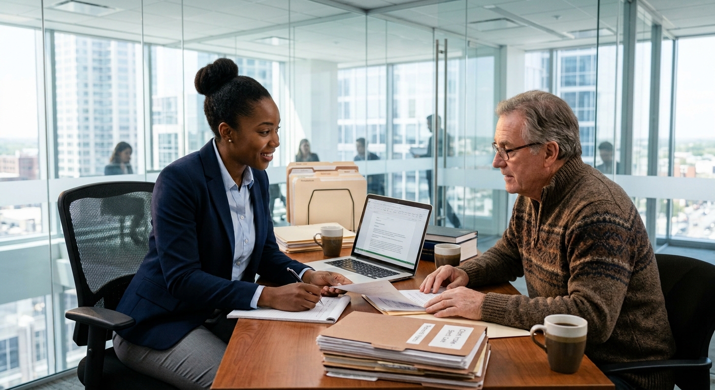 Licensed Ontario paralegal reviewing case documents with a client at a desk in a bright downtown office